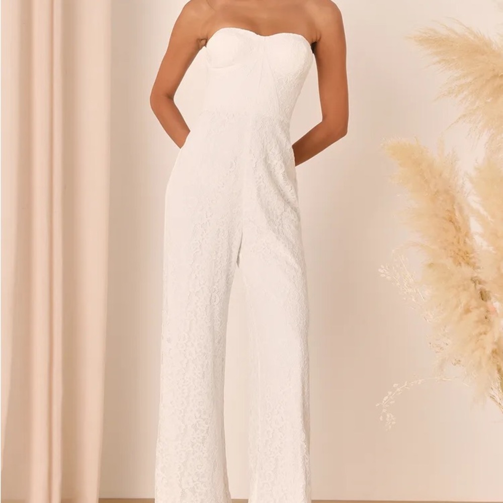Lulu's Ivory Strapless Lace Jumpsuit